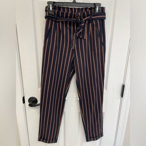 Zara Trafaluc Collection Paper Bag Waist Navy Striped Ankle Pant Women’s Size XS